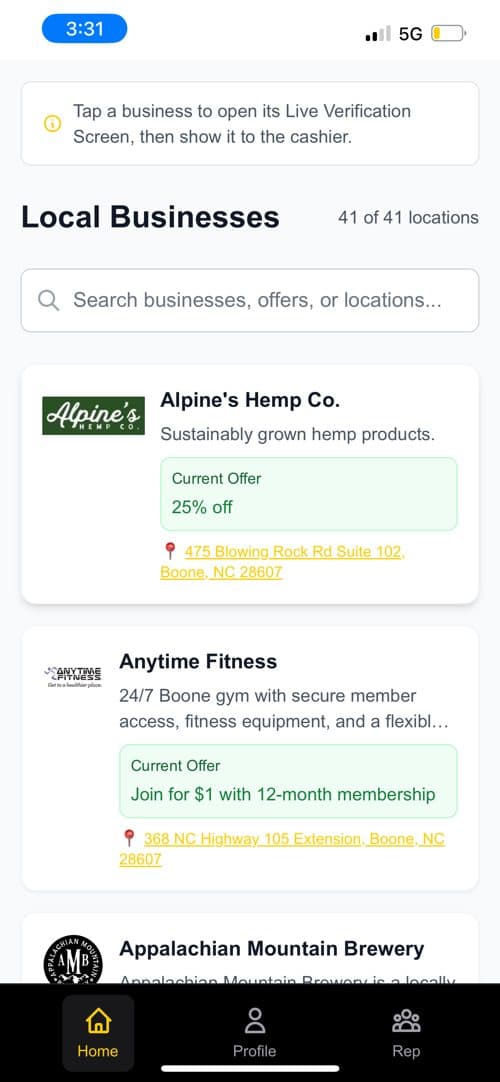 Browse all local businesses and their deals in the app
